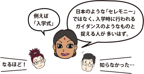 例えば”入学式”。日本のような「セレモニー」ではなく、入学時に行われるガイダンスのようなものと捉える人が多いはず。